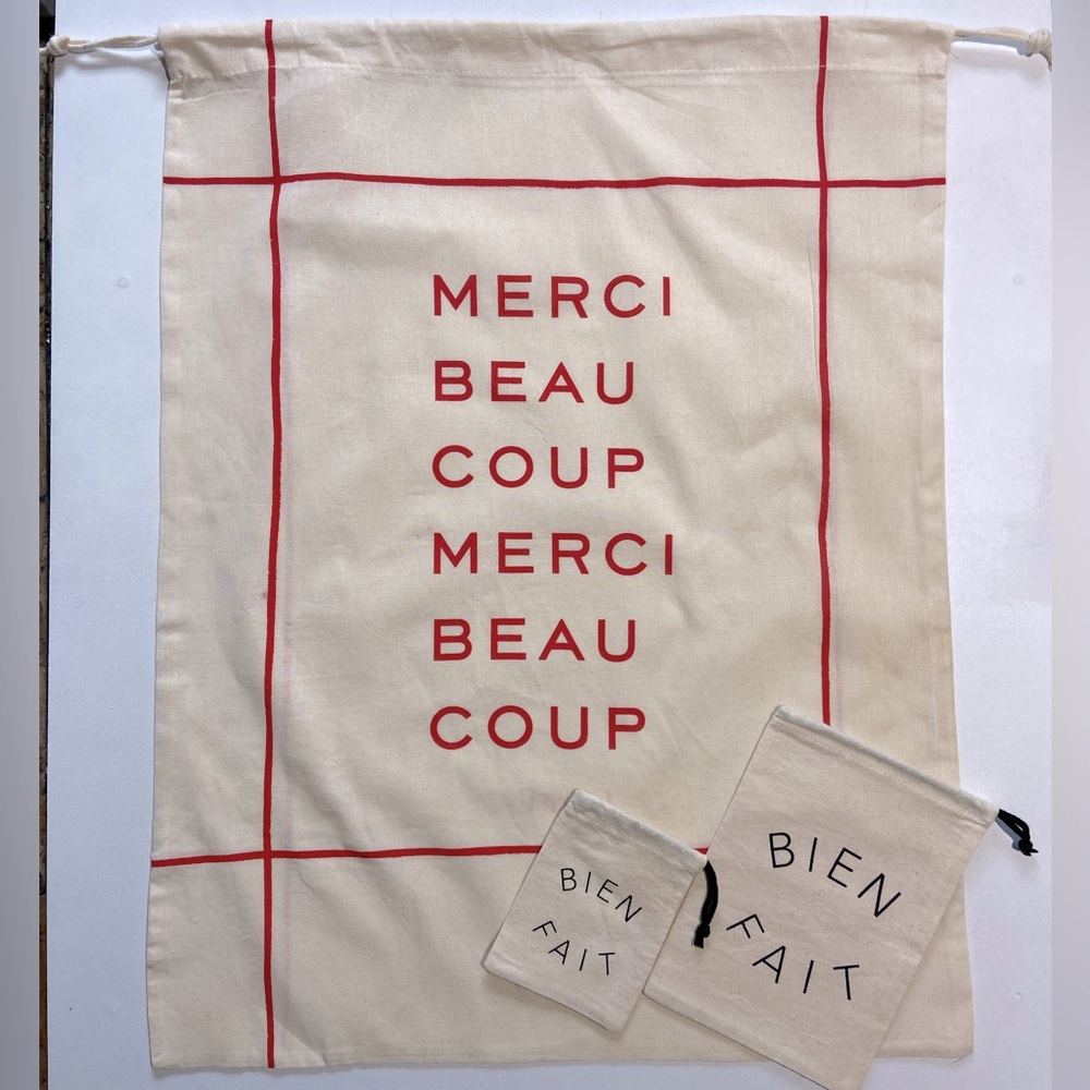 Clare V Merci Beau Coup Large French Dust Bag set of 3 Anthropologie Cream Red - Picture 2 of 15